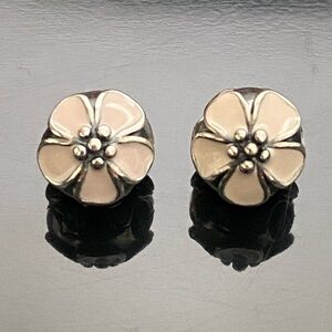 Pair Authentic Pandora Cherry Blossom Clips 925 Silver and Pink Enamel